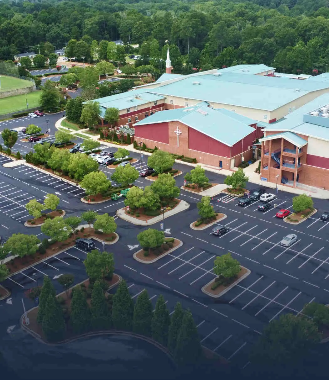 Aerial view of church in Austin, TX