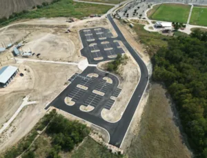 Aerial view of recently paved parking lot by RDC Paving Company