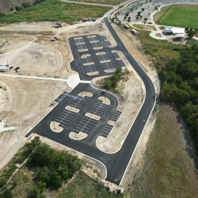 Aerial view of recently paved parking lot by RDC Paving Company